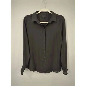 Who What Wear Women's Black Button-Up Long‎ Sleeve Blouse Sheer
